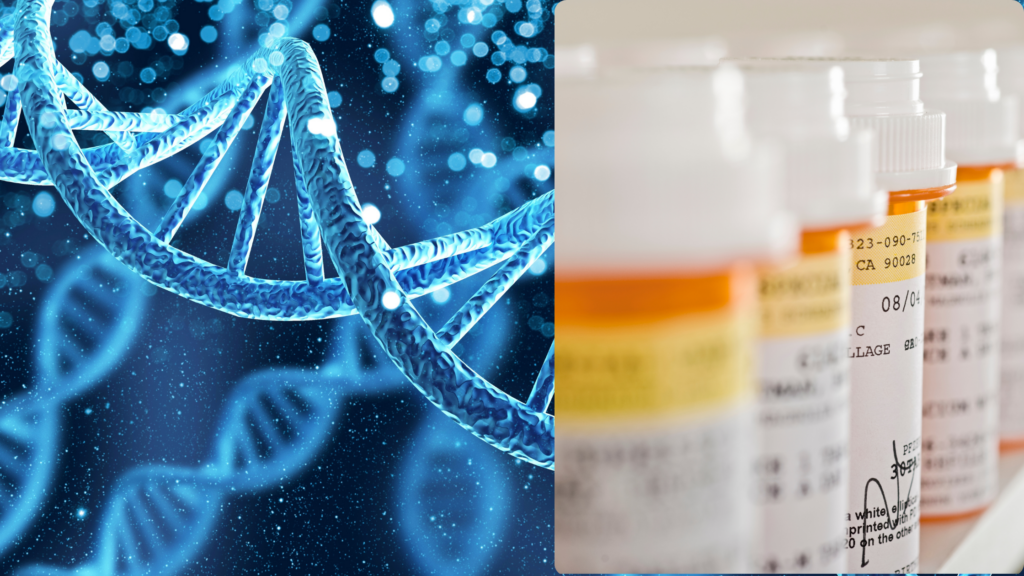 Banner featuring a prescription bottle alongside a transparent DNA helix, symbolizing the integration of pharmacogenetics in personalized medicine.